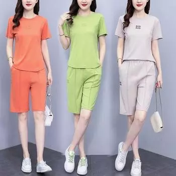Женский повседневный костюм, летняя мода, уменьшающая возраст, в западном стиле, облегающая футболка, укороченный топ, шорты длиной до колена, комплект из 2 предметов XXXXL зелёный