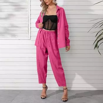 Женский повседневный костюм, однотонная рубашка с лацканами и длинными рукавами, верх, длинные брюки, две части