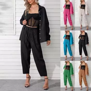 Женский повседневный костюм, однотонная рубашка с лацканами и длинными рукавами, верх, длинные брюки, две части M горячий розовый