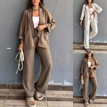 Женский повседневный костюм, однотонный топ с карманами, широкие брюки, комплект из двух предметов L хаки