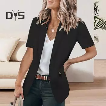 Женский повседневный костюм, пальто с лацканами и коротким рукавом, пиджак на одной пуговице, однотонная куртка с клапанами, летняя деловая верхняя одежда XXXL чёрный