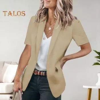 Женский повседневный костюм, пальто с лацканами и коротким рукавом, пиджак на одной пуговице, однотонная куртка с клапанами, летняя деловая верхняя одежда XXXL чёрный