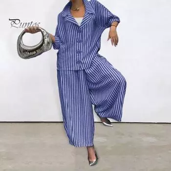 Женский повседневный костюм, рубашка с длинными рукавами, топ, широкие шаровары, комплект из 2 предметов, осенние полосатые брюки с отворотами, женский костюм M красный