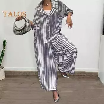 Женский повседневный костюм, рубашка с длинными рукавами, топ, широкие шаровары, комплект из 2 предметов, осенние полосатые брюки с отворотами, женский костюм M синий