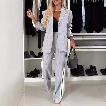 Женский повседневный костюм с длинными рукавами и лацканами S чёрный