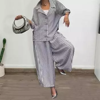 Женский повседневный костюм с длинными рукавами, топ, широкие шаровары, комплект из 2 предметов, осенние полосатые брюки с отворотами Nine-Point M красный