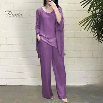 Женский повседневный костюм, топ, широкие брюки, свободный наряд для дома, вечеринки, офиса, с круглым вырезом, с рукавами «летучая мышь», комьютерный костюм 3XL фиолетовый