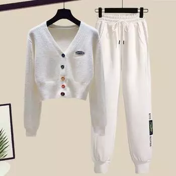 Женский повседневный костюм, весенне-осенний вязаный кардиган, спортивные штаны с высокой талией, комплект из двух предметов, женские спортивные штаны, 2 шт./компл. S