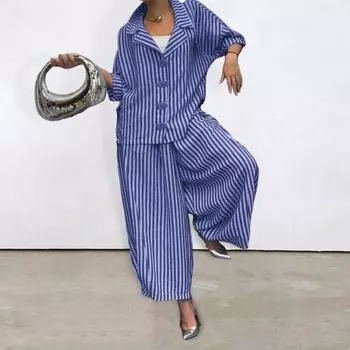 Женский повседневный костюм Yousheng, рубашка с длинными рукавами, верх, широкие шаровары, комплект из 2 предметов, осенние полосатые брюки с отворотами, женский костюм M синий