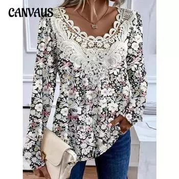Женский повседневный круглый вырез с длинным рукавом, многоцветный женский кружевной топ в стиле пэчворк S