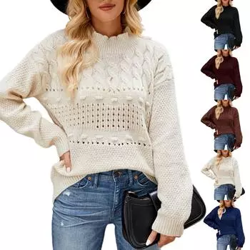 Женский повседневный ленивый однотонный модный свитер с длинными рукавами и круглым вырезом L бежевый