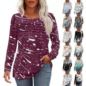 Женский повседневный модный цветочный принт с круглым вырезом и длинными рукавами в складку L армия зеленый