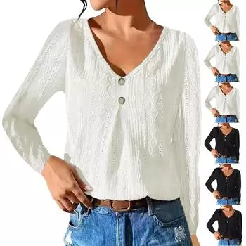 Женский повседневный модный длинный рукав с пуговицами и V-образным вырезом, элегантный сексуальный осенний топ L чёрный