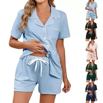 Женский повседневный модный домашний костюм с лацканами, шорты, короткий рукав, костюм из двух частей XL