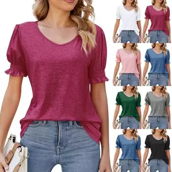 Женский повседневный, модный и сексуальный однотонный удобный и дышащий пуловер с v-образным вырезом, плиссированные пышные рукава, свободный и крутой топ L чёрный