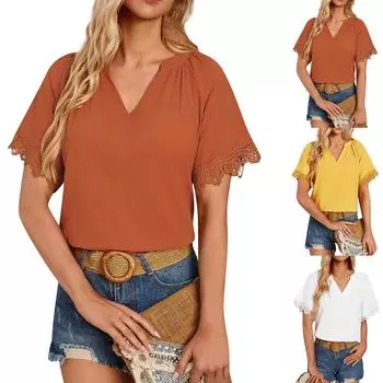 Женский повседневный, модный и сексуальный однотонный удобный, крутой и дышащий кружевной топ с v-образным вырезом и короткими рукавами L оранжевый