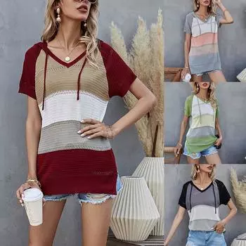 Женский повседневный модный и удобный пуловер с капюшоном и короткими рукавами, топ, разноцветный полосатый вязаный свитер L чёрный