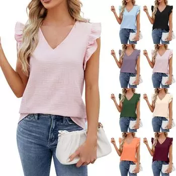 Женский повседневный, модный и универсальный пуловер с v-образным вырезом, однотонная футболка без рукавов с рюшами L армия зеленый