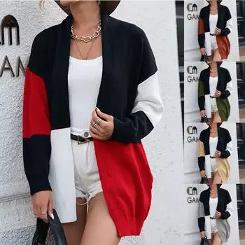 Женский повседневный модный клетчатый кардиган с длинными рукавами и большим карманом с цветными блоками S