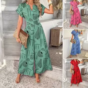 Женский повседневный модный комбинезон для отдыха с рукавами-крылышками и V-образным вырезом, широкий L