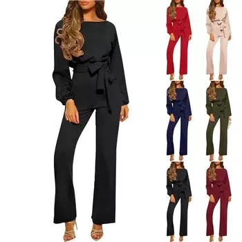 Женский повседневный модный комбинезон с круглым вырезом и длинными рукавами с высокой талией и поясом L тёмно-синий