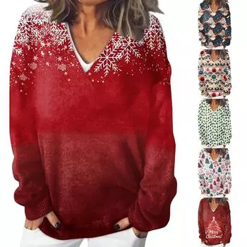 Женский повседневный, модный, комфортный, атмосферный, напечатанный, с V-образным вырезом и длинными рукавами, свободный свитер-топ S