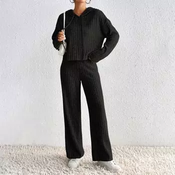 Женский повседневный модный комплект из двух предметов: водолазка, трикотажный свитер с длинным рукавом и штаны L чёрный