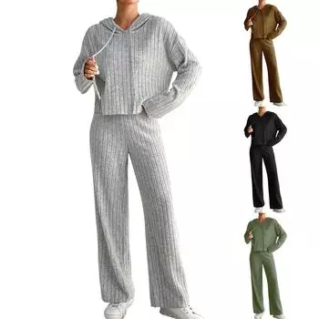 Женский повседневный модный комплект из двух предметов: водолазка, трикотажный свитер с длинным рукавом и штаны L чёрный