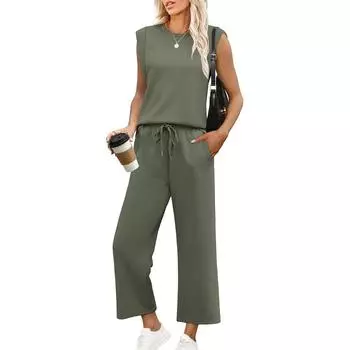 Женский повседневный модный комплект из свободных широких брюк без рукавов с круглым вырезом XL