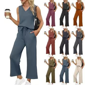 Женский повседневный модный комплект из свободных широких брюк без рукавов с V-образным вырезом L армия зеленый