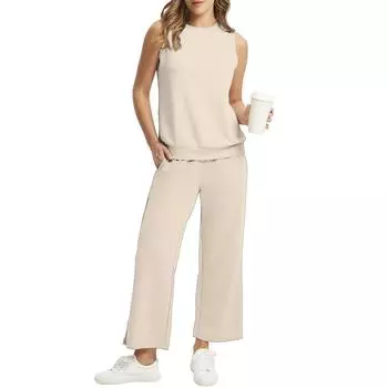 Женский повседневный модный комплект из свободных широких брюк без рукавов с круглым воротником L бежевый