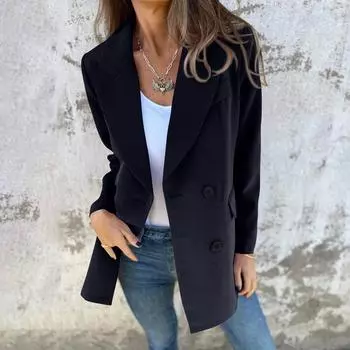 Женский повседневный модный однотонный двубортный пиджак с длинными рукавами и пуговицами L чёрный