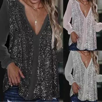 Женский повседневный модный однотонный шифоновый топ с блестящими пайетками и v-образным вырезом и длинными рукавами XXXL чёрный