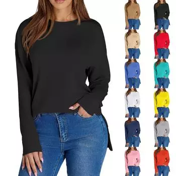 Женский повседневный модный однотонный свитер с круглым вырезом и длинными рукавами L чёрный