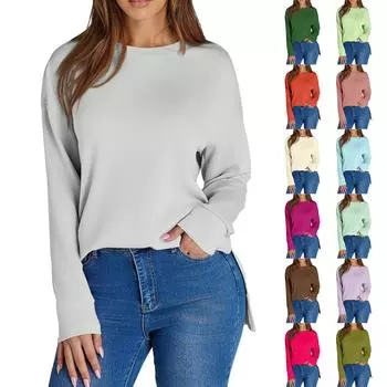 Женский повседневный модный однотонный свитер с круглым вырезом и длинными рукавами L армия зеленый