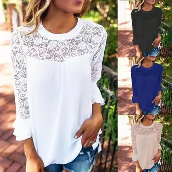 Женский повседневный модный однотонный свободный кружевной расклешенный шифоновый топ с длинными рукавами L бежевый