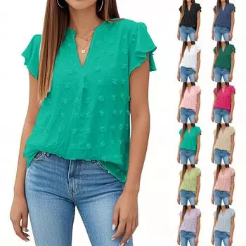 Женский повседневный модный однотонный свободный топ из шифона с V-образным вырезом и короткими рукавами L армия зеленый