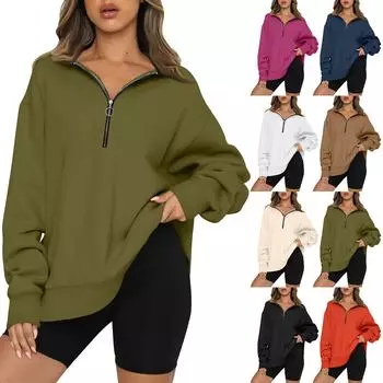 Женский повседневный модный однотонный топ с длинными рукавами на молнии L армия зеленый