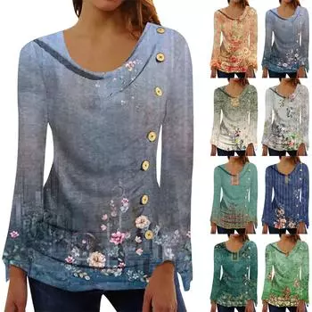 Женский повседневный модный плиссированный топ с длинным рукавом и принтом на пуговицах XL синий