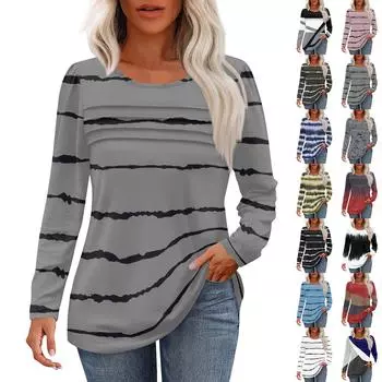 Женский повседневный модный полосатый принт с круглым вырезом и длинными рукавами L бежевый