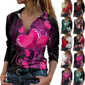 Женский повседневный модный принт с длинным рукавом и v-образным вырезом, удобный пуловер с лацканами XL