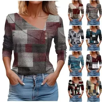 Женский повседневный модный принт с длинным рукавом, лацканами, V-образным вырезом, пуловер на пуговицах XL
