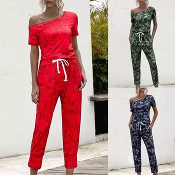 Женский повседневный модный принтованный комбинезон с открытыми плечами L красный