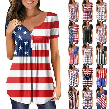 Женский повседневный модный пуловер больших размеров с короткими рукавами и v-образным вырезом с принтом в честь Дня независимости XXXXXL синий