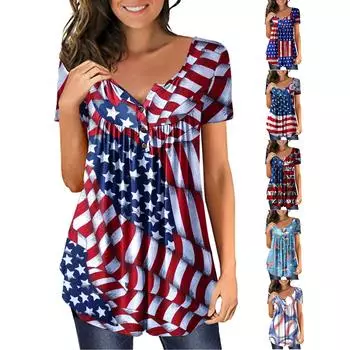 Женский повседневный модный пуловер больших размеров с короткими рукавами и v-образным вырезом с принтом в честь Дня независимости XXL синий