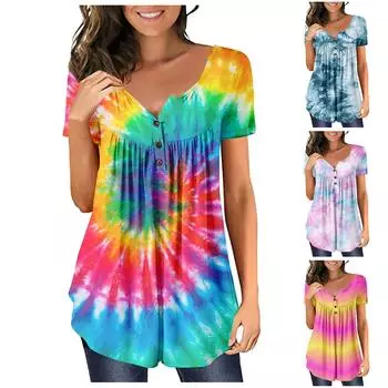 Женский повседневный модный пуловер больших размеров с короткими рукавами и пуговицами с v-образным вырезом XXL разноцветный