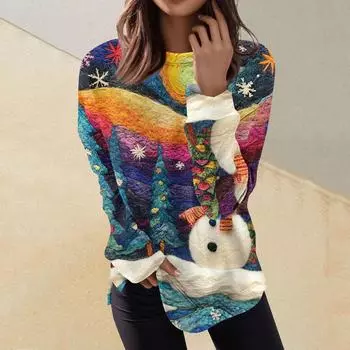 Женский повседневный модный пуловер с длинным рукавом и круглым вырезом с принтом L синий