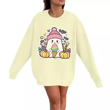 Женский повседневный модный пуловер с длинным рукавом и принтом на Хэллоуин, с круглым вырезом L жёлтый