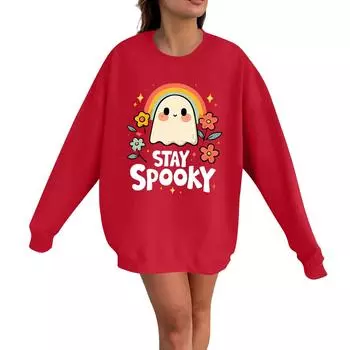 Женский повседневный модный пуловер с длинным рукавом и принтом на Хэллоуин, с круглым вырезом M красный