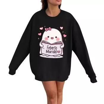 Женский повседневный модный пуловер с длинным рукавом и принтом на Хэллоуин, с круглым вырезом XL чёрный